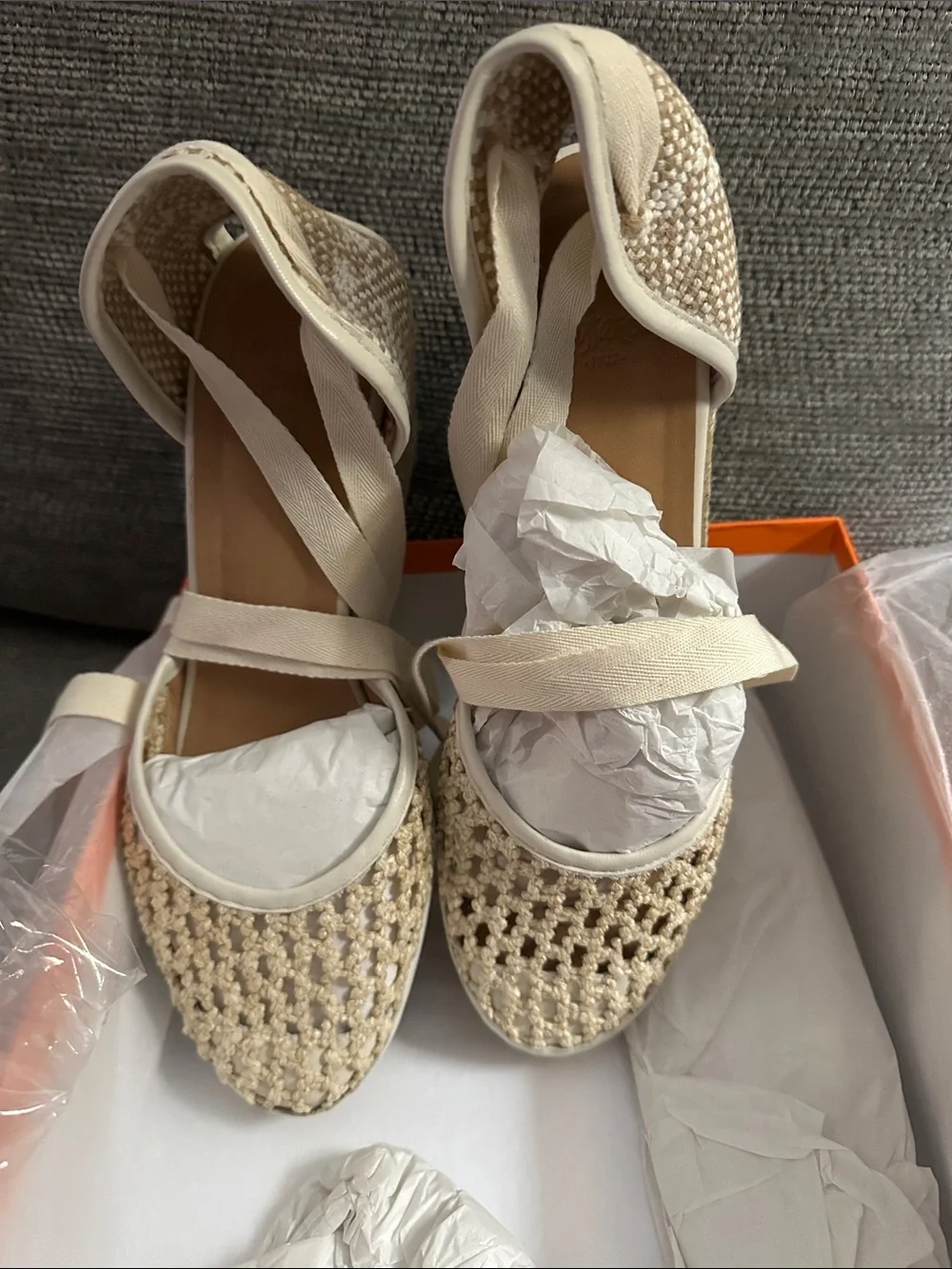 Castaner Cream Woven Espadrille Ballet Flats with Ribbon Ties